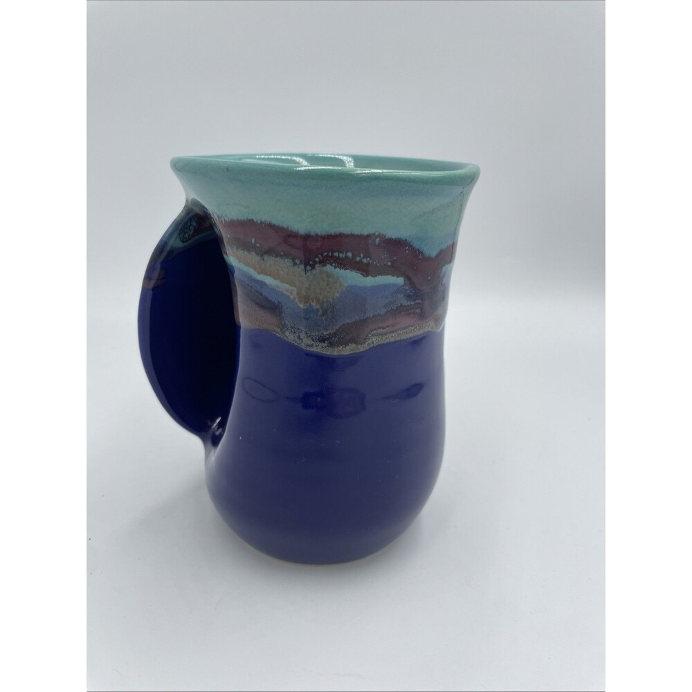 Neher Clay in Motion Left Handwarmer Coffee Mug Studio Art Pottery Blue Drip
